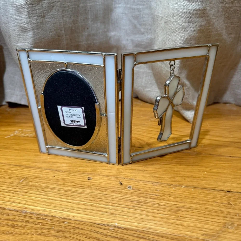 Sherman Leaded Stained Glass First Holy Communion Hinged Photo‎ Frame Cross Gift